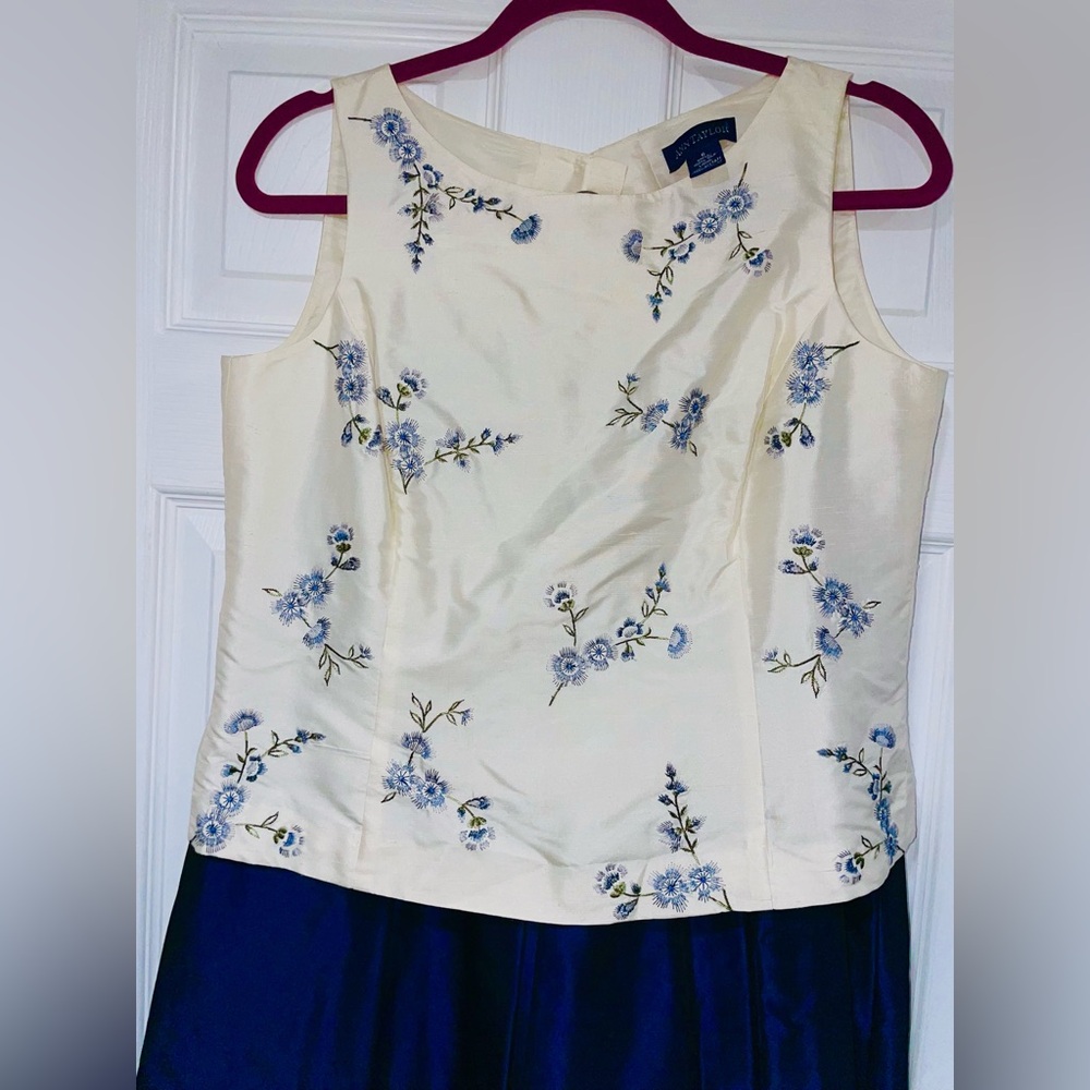 Ann Taylor Cream Silk Top with Blue Floral Embroidery Sz 6
